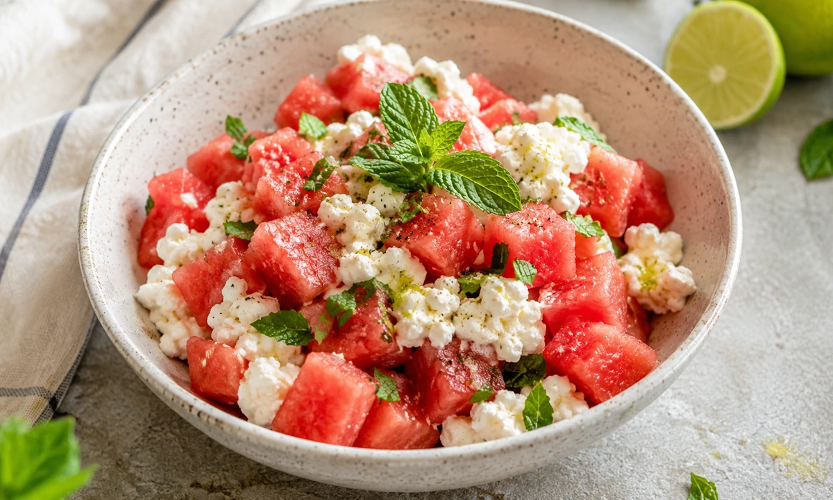 Μπολ με cottage cheese, φρέσκο καρπούζι σε κύβους, μέντα και σταγόνες λάιμ, ιδανικό καλοκαιρινό σνακ.
