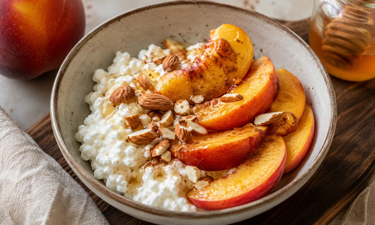 Μπολ με cottage cheese, φρέσκο ροδάκινο σε φέτες, μέλι και αμύγδαλα πάνω σε ξύλινη επιφάνεια.