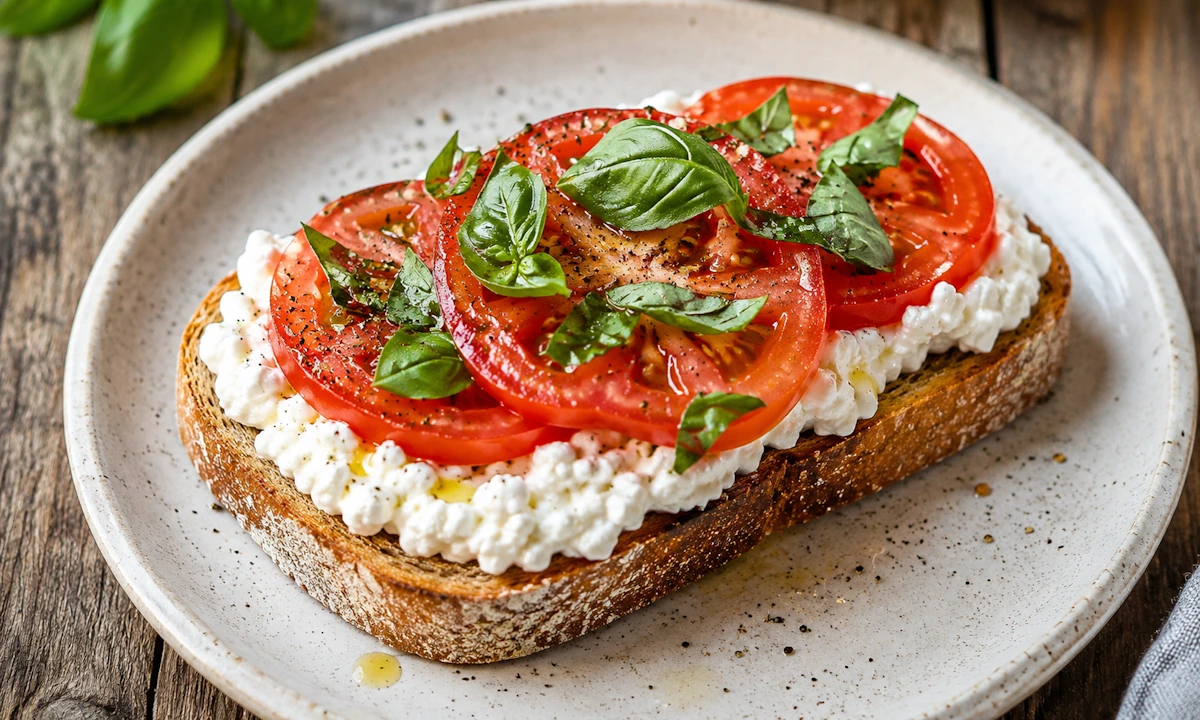 Φρυγανισμένο ψωμί με cottage cheese, φρέσκια ντομάτα, βασιλικό, ελαιόλαδο και πιπέρι σε λευκό πιάτο.